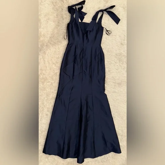 NEW Alfred Sung Bow Strap Satin Twill Trumpet MIDNIGHT NAVY Blue Gown sz 2 - Picture 4 of 6